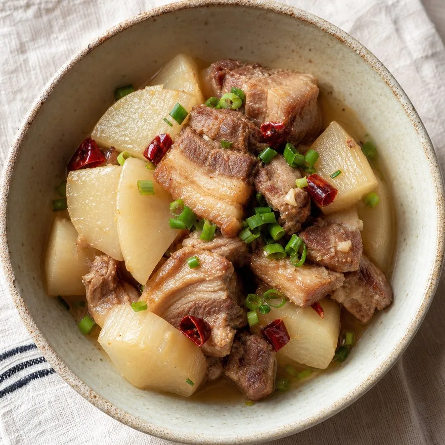 Sikkimese Phagshapa Pork with Radish, original finished dish food photograph