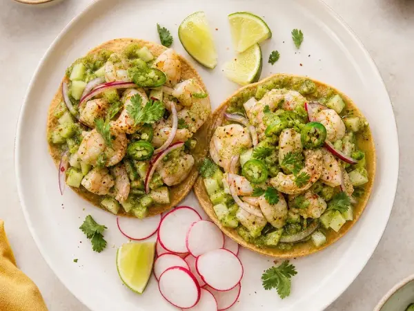 Sinaloan Shrimp Aguachile Tostadas, finished dish