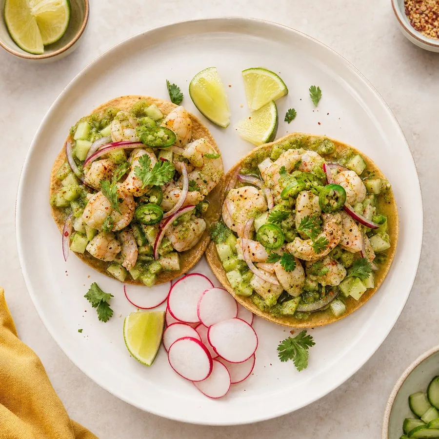 Sinaloan Shrimp Aguachile Tostadas, finished dish