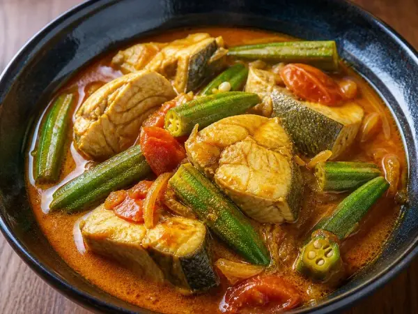 Singaporean Fish Curry with Okra, original finished dish food photograph