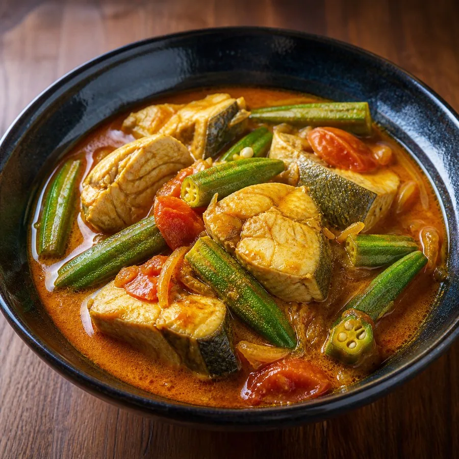 Singaporean Fish Curry with Okra, original finished dish food photograph