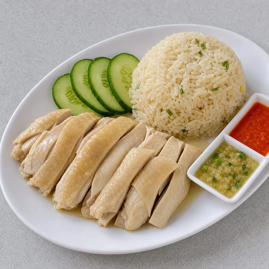 Singaporean Hainanese Chicken Rice, finished dish