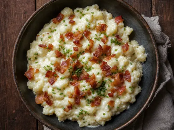Slovak potato dumplings with sheep cheese and bacon