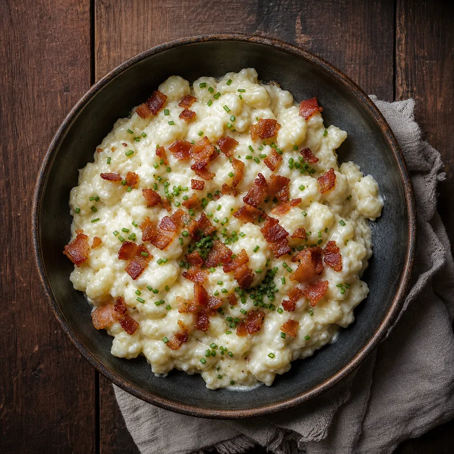 Slovak potato dumplings with sheep cheese and bacon