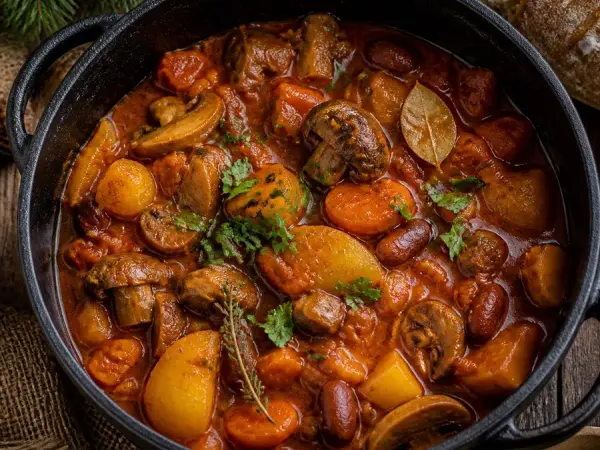 Slovenian Bograč Mushroom Paprika Stew, plated and ready to serve