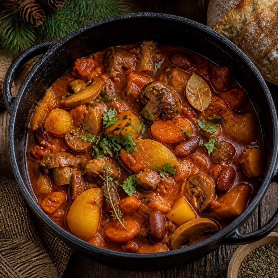 Slovenian Bograč Mushroom Paprika Stew, plated and ready to serve