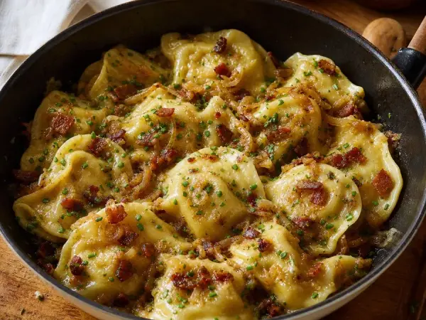 Slovenian Idrija Žlikrofi-Inspired Potato Dumpling Skillet, finished dish
