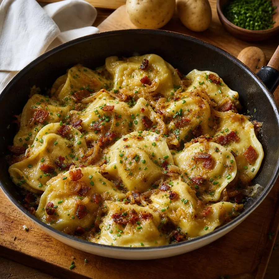 Slovenian Idrija Žlikrofi-Inspired Potato Dumpling Skillet, finished dish