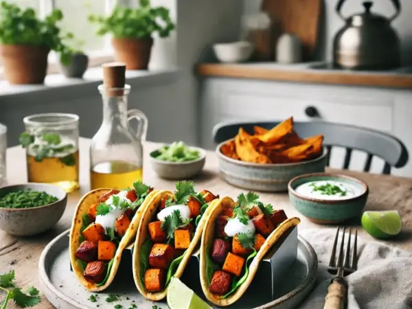 Smoky Chorizo and Sweet Potato Tacos with Cilantro Lime Crema, finished dish