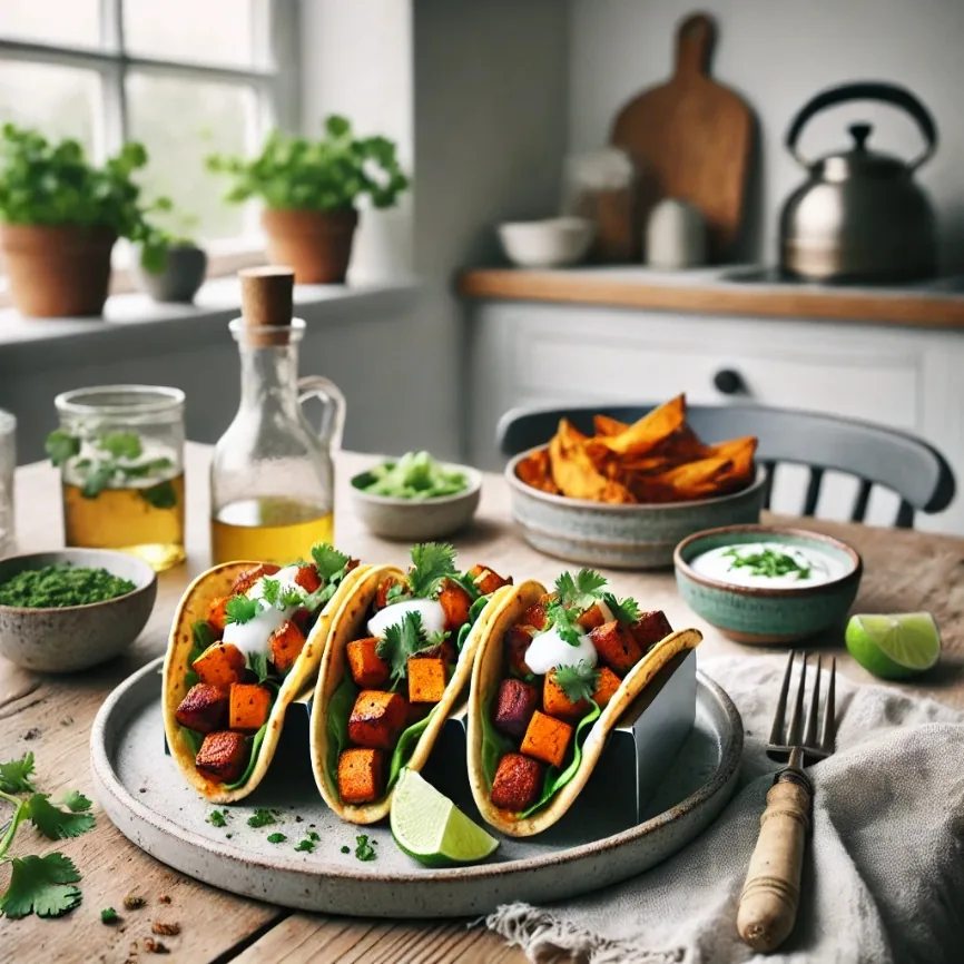 Smoky Chorizo and Sweet Potato Tacos with Cilantro Lime Crema, finished dish