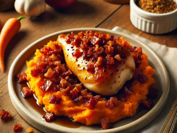 Smoky Maple Bourbon Chicken with Sweet Potato Mash & Crispy Bacon Crumble, finished dish