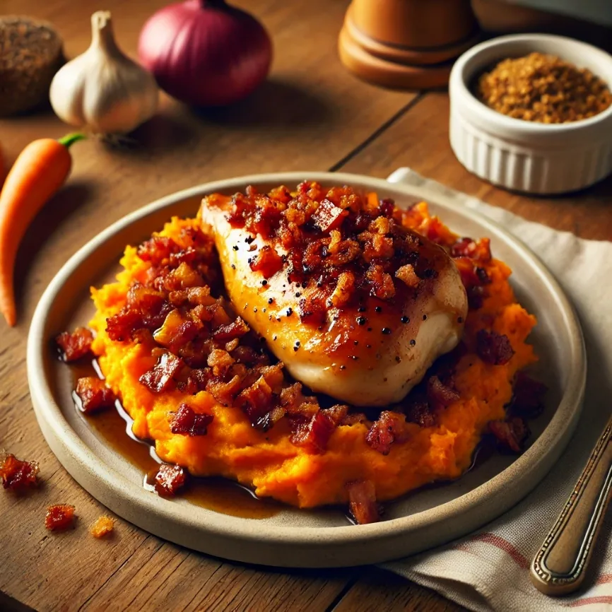 Smoky Maple Bourbon Chicken with Sweet Potato Mash & Crispy Bacon Crumble, finished dish