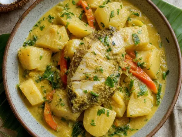 Solomon Islands Cassava Coconut Fish Curry, plated as a finished dinner