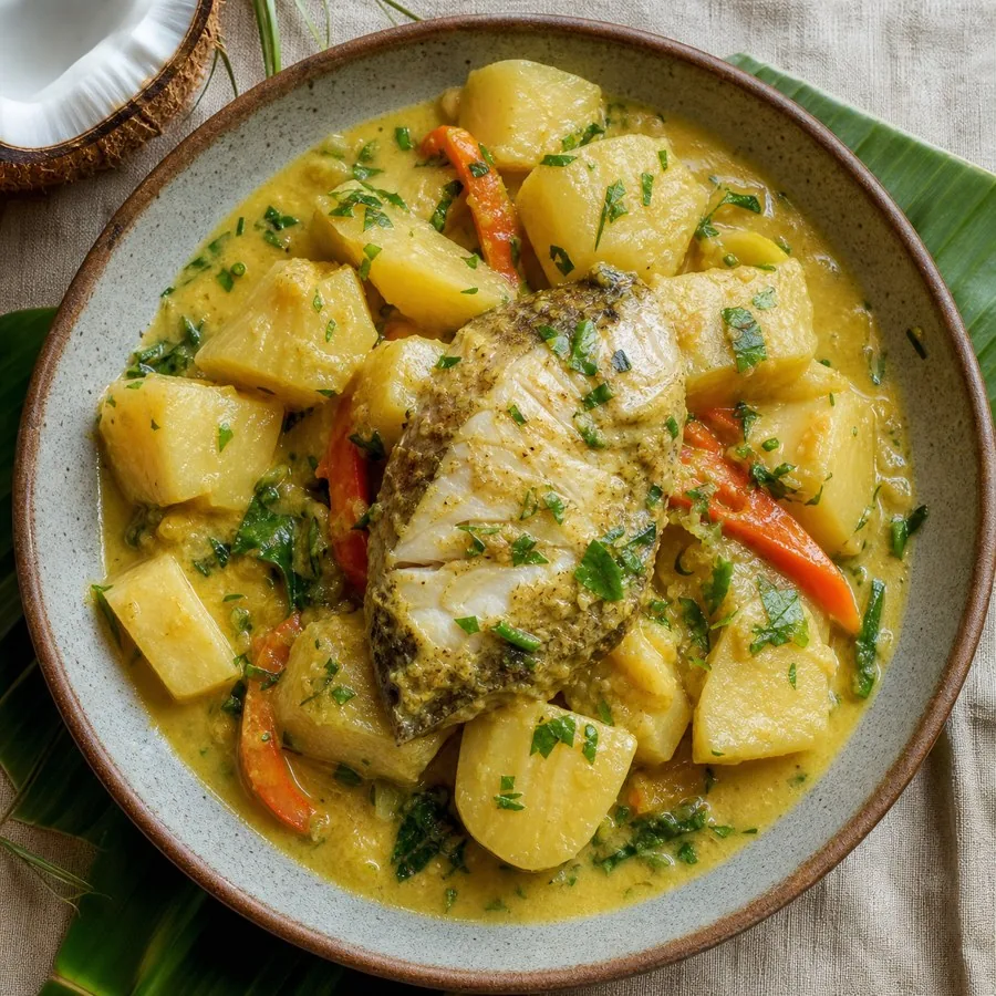 Solomon Islands Cassava Coconut Fish Curry, plated as a finished dinner
