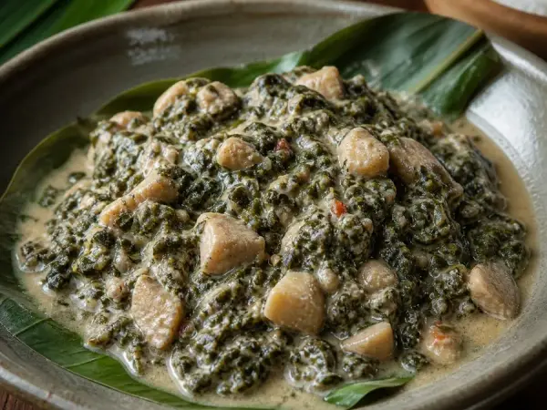 Solomon Islands Taro Leaf Peanut Stew, plated as a finished dinner