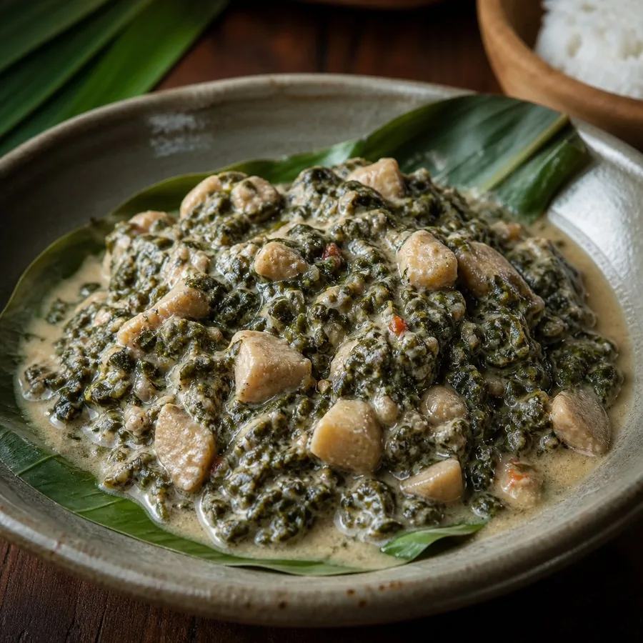 Solomon Islands Taro Leaf Peanut Stew, plated as a finished dinner