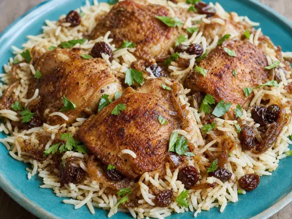Somali Bariis Iskukaris Chicken with raisins and herbs