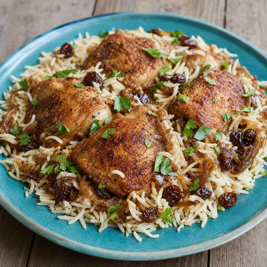 Somali Bariis Iskukaris Chicken with raisins and herbs