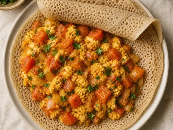 Somali Canjeero Egg and Tomato Breakfast, plated as a finished dinner