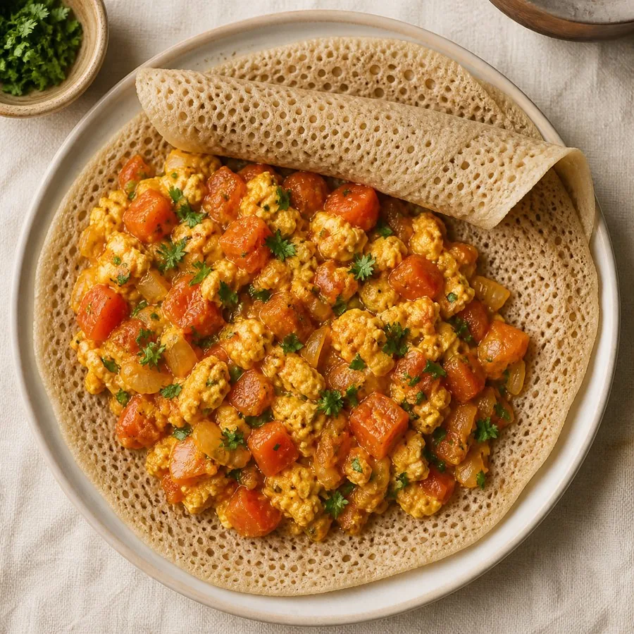Somali Canjeero Egg and Tomato Breakfast, plated as a finished dinner