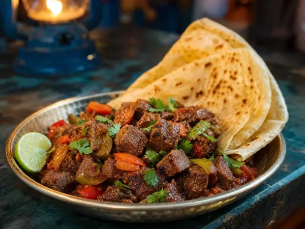 Somali Spiced Beef Suqaar with Flatbread, finished dish