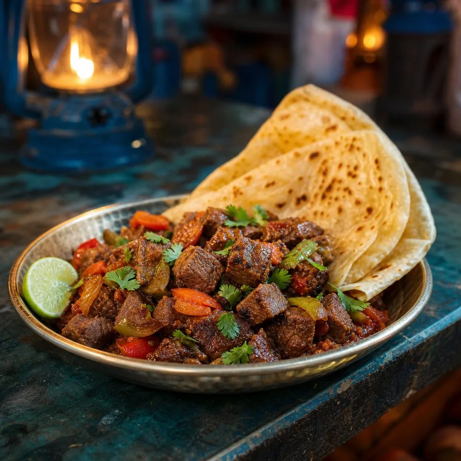 Somali Spiced Beef Suqaar with Flatbread, finished dish