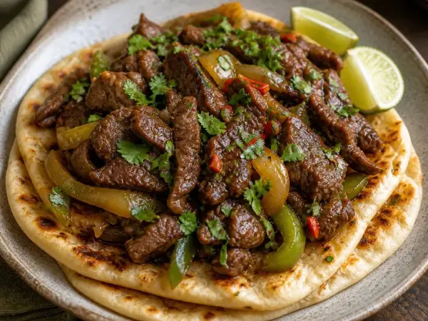 Somali Suqaar Beef Flatbread, plated as a finished dinner