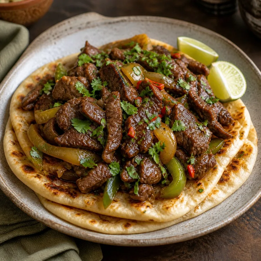 Somali Suqaar Beef Flatbread, plated as a finished dinner