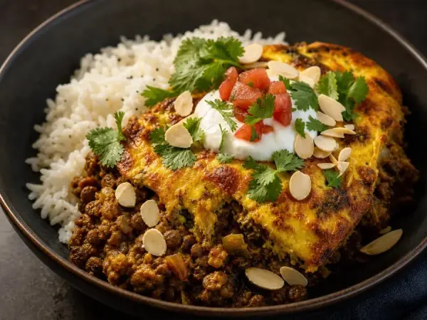 South African Bobotie Lentil Bake, plated as a finished dinner