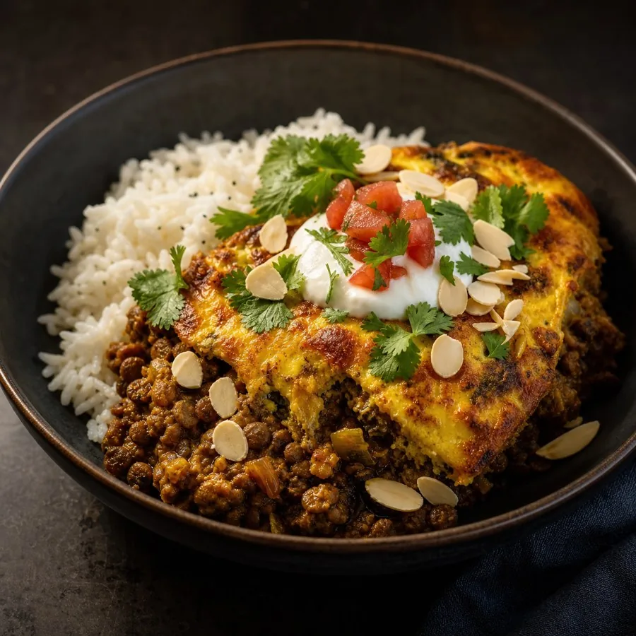 South African Bobotie Lentil Bake, plated as a finished dinner