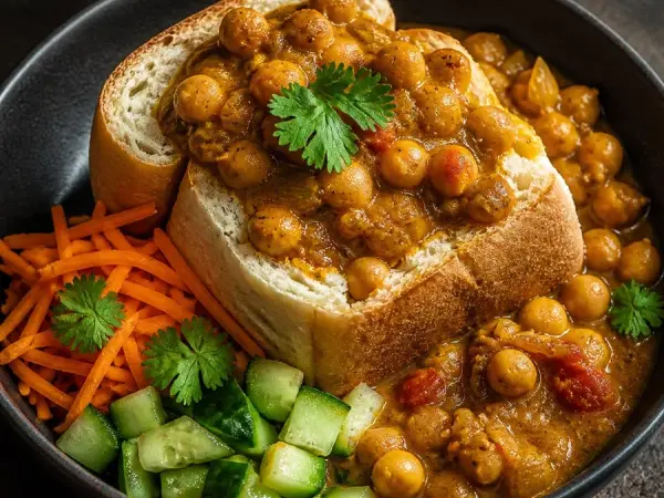 South African Bunny Chow Chickpea Curry, plated as a finished dinner