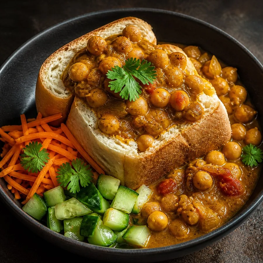South African Bunny Chow Chickpea Curry, plated as a finished dinner