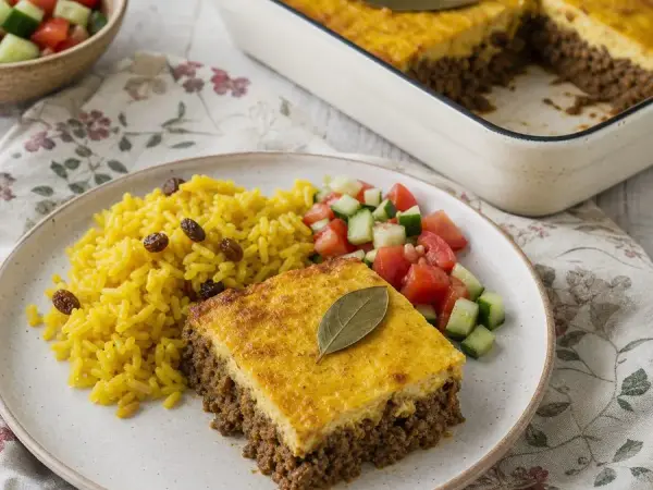 South African Cape Malay Bobotie with Yellow Rice, finished dish