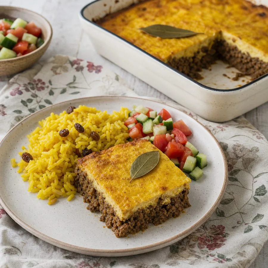South African Cape Malay Bobotie with Yellow Rice, finished dish