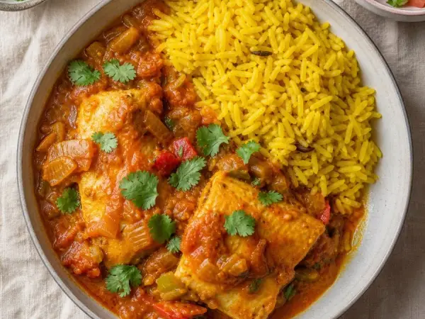South African Cape Malay Fish Curry with Yellow Rice, plated as a finished dinner