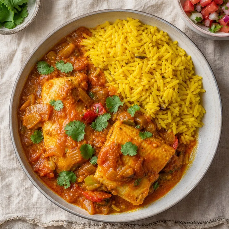 South African Cape Malay Fish Curry with Yellow Rice, plated as a finished dinner