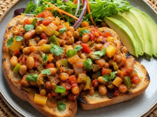 South African Chakalaka Bean Toasts, plated as a finished dinner