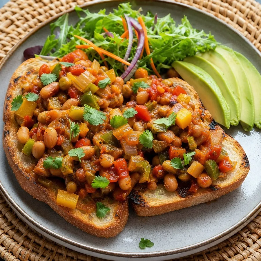 South African Chakalaka Bean Toasts, plated as a finished dinner