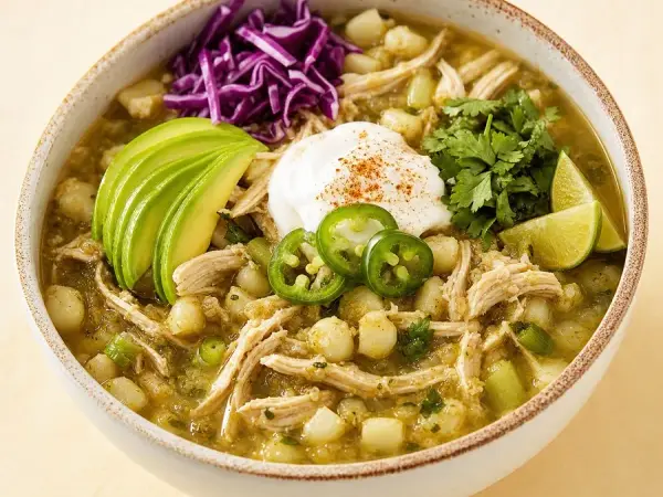 Southwest Posole Verde Chicken Bowls, finished dish
