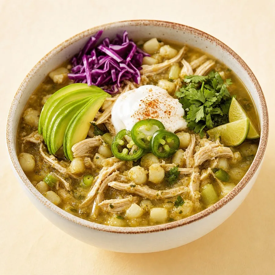 Southwest Posole Verde Chicken Bowls, finished dish