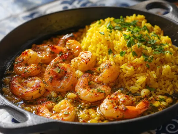 Garlic shrimp in paprika oil with saffron rice