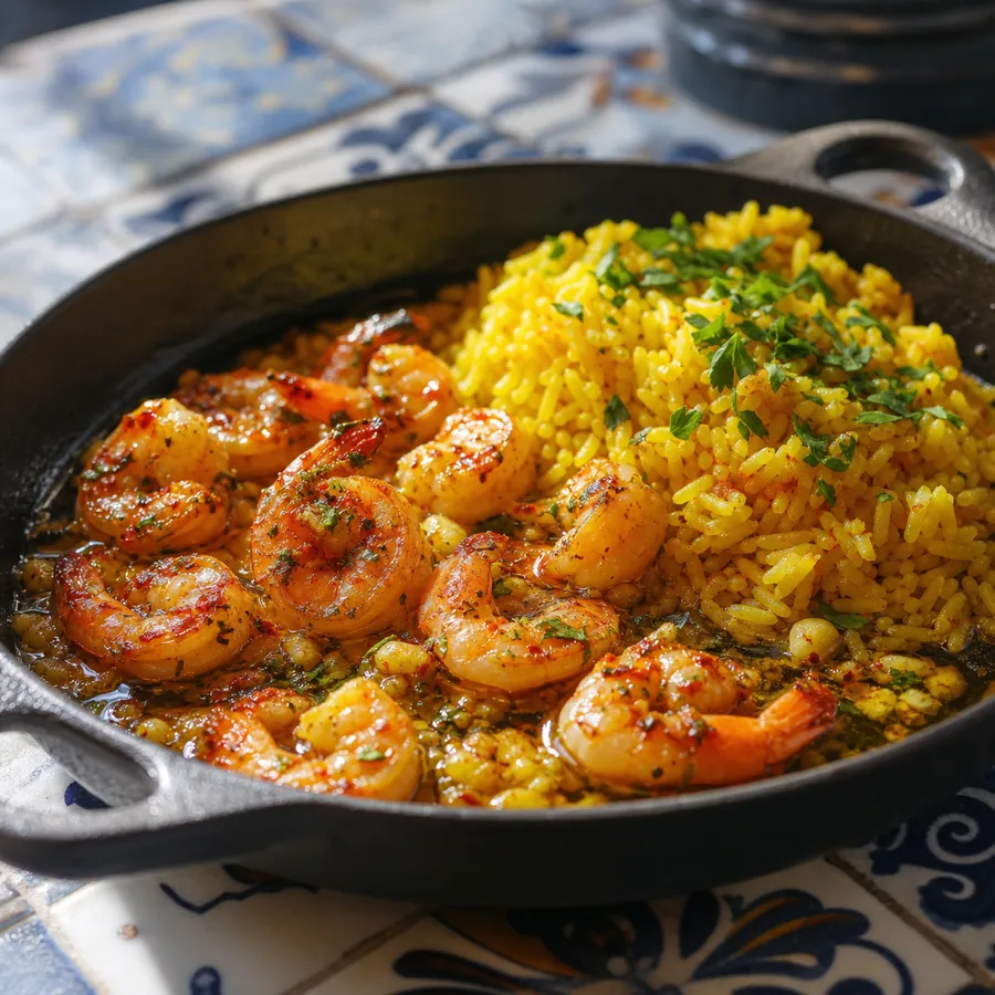 Garlic shrimp in paprika oil with saffron rice
