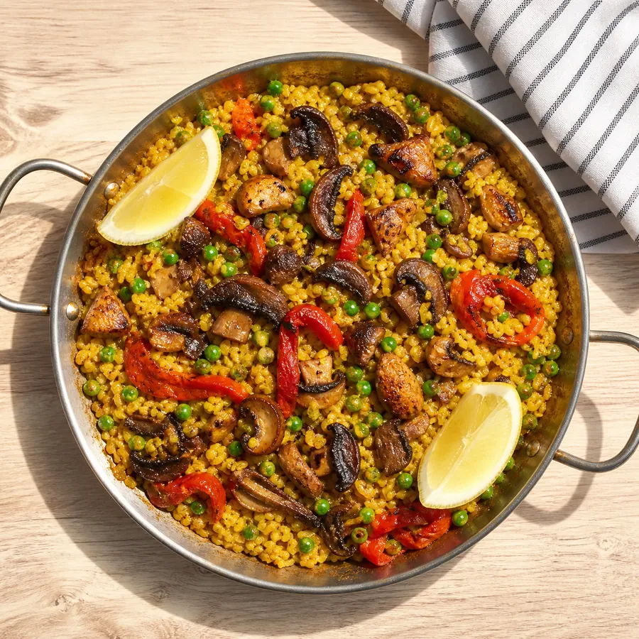Mushroom paella with peas and roasted peppers