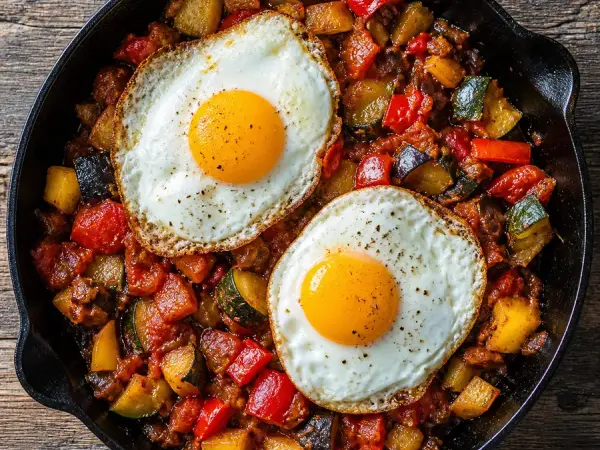 Spanish pisto vegetable skillet with fried eggs