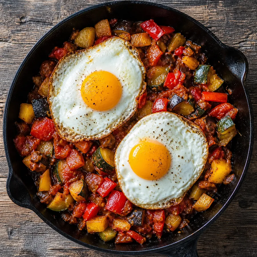 Spanish pisto vegetable skillet with fried eggs