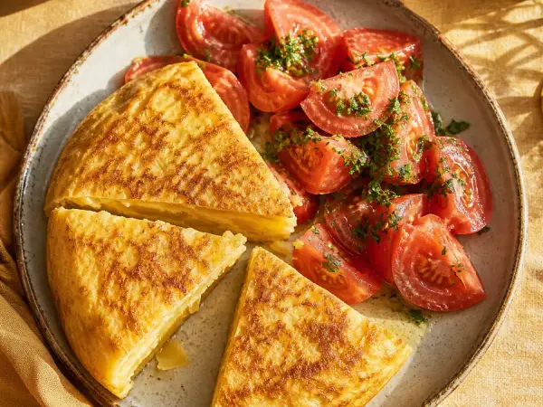 Spanish potato tortilla wedges with tomato salad