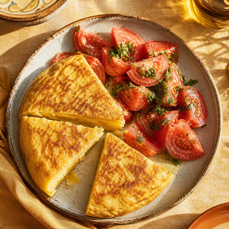 Spanish potato tortilla wedges with tomato salad