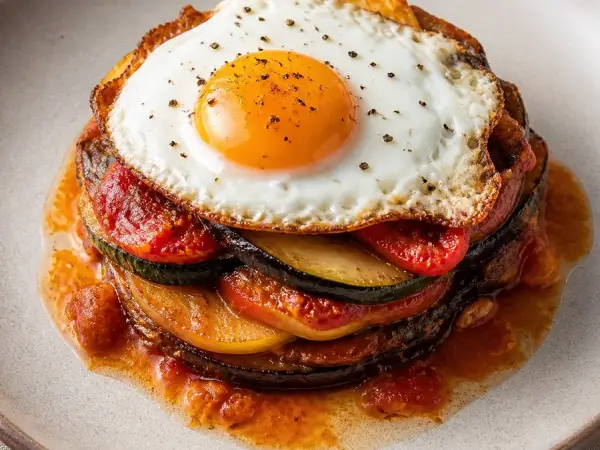 Spanish Tumbet Vegetable Stack with Fried Egg, finished dish