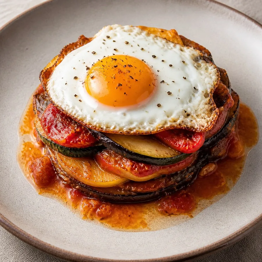 Spanish Tumbet Vegetable Stack with Fried Egg, finished dish