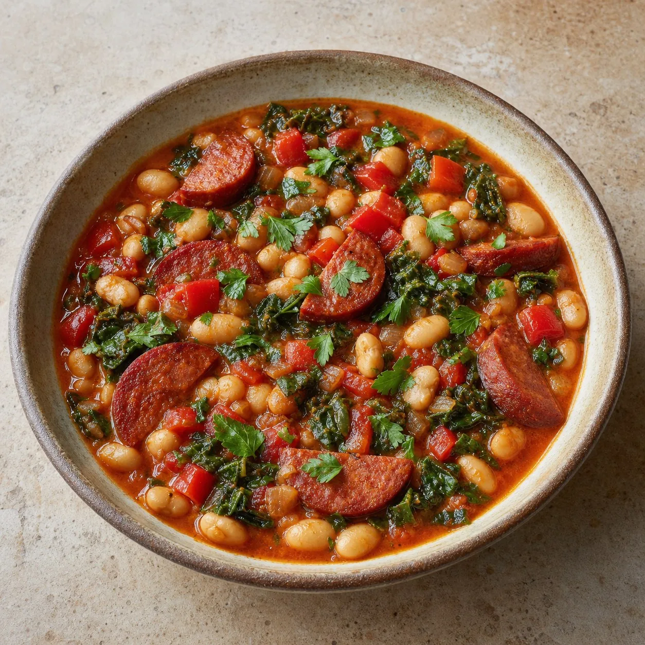 Spanish White Bean and Chorizo Stew, finished dish